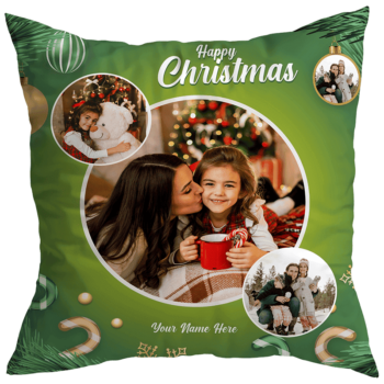 Customized/Personalized Your Photo Name CHRISTMAS Printed Satin Blend Decorative Pillow Cushion Cover with Filler (White, 12X12 Inch)